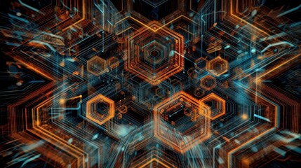 Illustrative technology background image with glowing, futuristic geometric shapes and lines in dark blue and orange tones