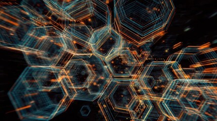 Illustrative technology background image with glowing, futuristic geometric shapes and lines in dark blue and orange tones
