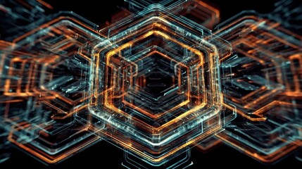 Illustrative technology background image with glowing, futuristic geometric shapes and lines in dark blue and orange tones