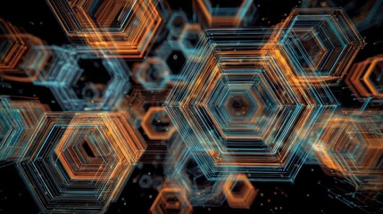 Illustrative technology background image with glowing, futuristic geometric shapes and lines in dark blue and orange tones