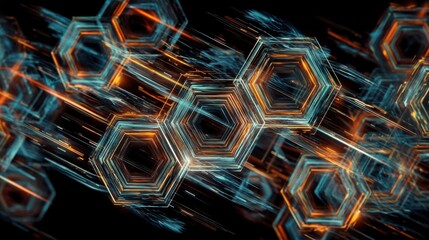 Illustrative technology background image with glowing, futuristic geometric shapes and lines in dark blue and orange tones