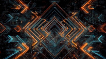 Illustrative technology background image with glowing, futuristic geometric shapes and lines in dark blue and orange tones