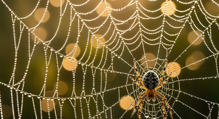 Stunning close-up captures intricate spider web adorned with glistening dew drops, highlighting nature's delicate artistry at dawn.