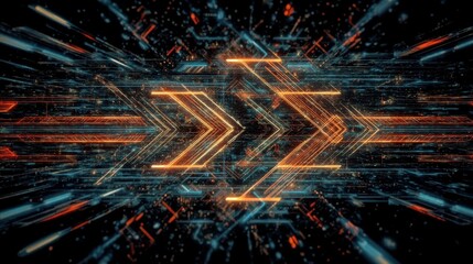 Illustrative technology background image with glowing, futuristic geometric shapes and lines in dark blue and orange tones