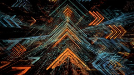 Illustrative technology background image with glowing, futuristic geometric shapes and lines in dark blue and orange tones
