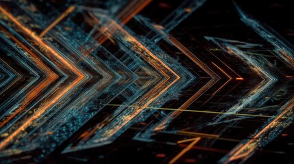 Illustrative technology background image with glowing, futuristic geometric shapes and lines in dark blue and orange tones