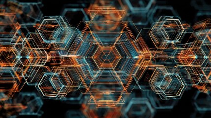 Illustrative technology background image with glowing, futuristic geometric shapes and lines in dark blue and orange tones