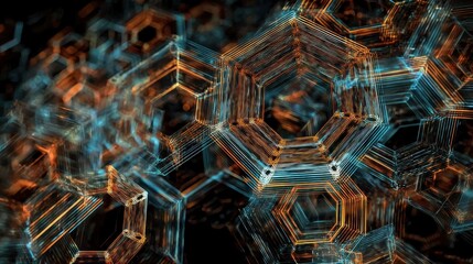 Illustrative technology background image with glowing, futuristic geometric shapes and lines in dark blue and orange tones