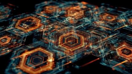 Illustrative technology background image with glowing, futuristic geometric shapes and lines in dark blue and orange tones