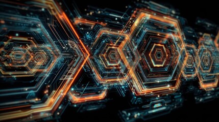 Illustrative technology background image with glowing, futuristic geometric shapes and lines in dark blue and orange tones