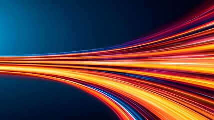 Wall Mural - The image displays vibrant flowing lines of light, progressing from blue to orange to yellow, against a deep blue background, suggesting speed and movement.