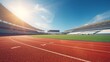 © ZiletterId - Empty red athletics track and grass field inside a stadium with bright sun