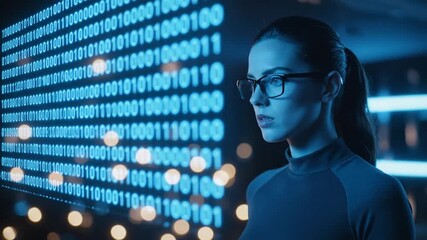 Pensive Woman in Glasses Contemplates Blue Binary Code Display Futuristic Tech