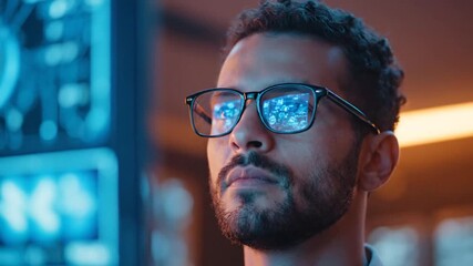 Serious Man with Glasses Reflecting Monitors in a Modern High Tech Setting