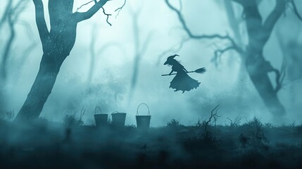 Wall Mural - a witch flying on a broomstick in a misty forest with buckets.