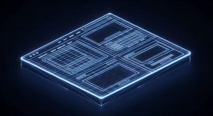 Glowing Blue Wireframe Web Page Layout on Dark Background - Digital User Interface Design Concept