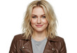 © Muaz - Young woman with blonde messy hair and leather jacket smiling, isolated on transparent background