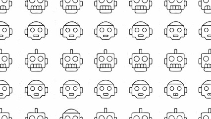Repeating pattern of simple line drawing robot heads with varying designs on a white background surface