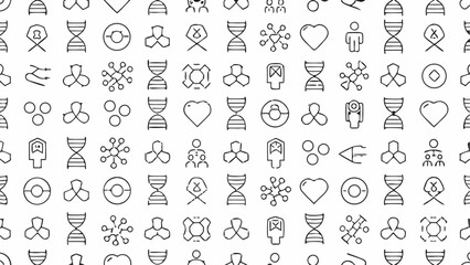 A variety of science and healthcare related icons arranged in a repeating pattern on a white background