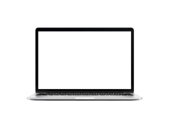 Modern laptop computer with a blank white screen, open and ready for use, isolated on transparent background