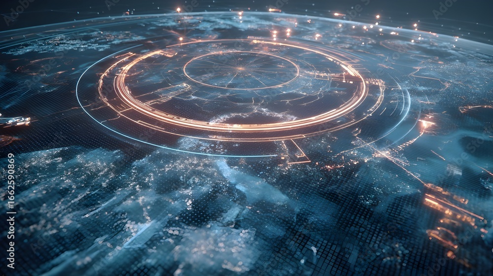 Futuristic Global Defense Network with Holographic Earth Map and Data ...