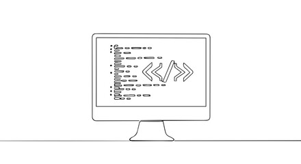 A minimalist line drawing of a computer screen displaying code.