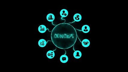 Wall Mural - vibrant cyan network concept featuring glowing circles and icons, symbolizing connection, communication, and technology in a digital business environment on a black background.