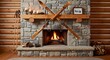 © Leja - Rustic stone fireplace adorned with vintage wooden skis creates a cozy and inviting winter lodge atmosphere in a charming log cabin interior, perfect for unwinding.