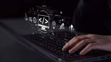 Modern web development concept featuring coding symbols, web development process, web development interface, and web development tools with futuristic design. Muxer