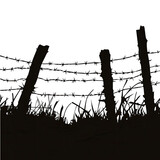 Rustic wooden fence posts with sharp barbed wire boundary security barrier illustration isolated on white background