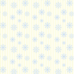 Wall Mural - Pastel Christmas seamless pattern.Light blue snowflakes on vertical yellow and white stripes repeat pattern.Vector graphic illustration texture background winter wallpaper.