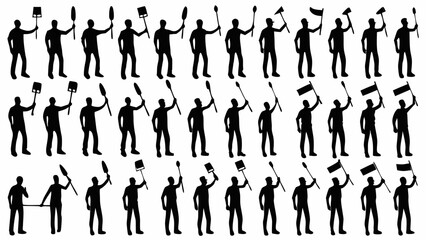 Silhouette figures holding various objects such as flags, shovels, and axes in a pattern arrangement