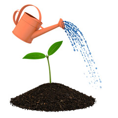 Digital growth concept: Watering a young plant with binary code stream