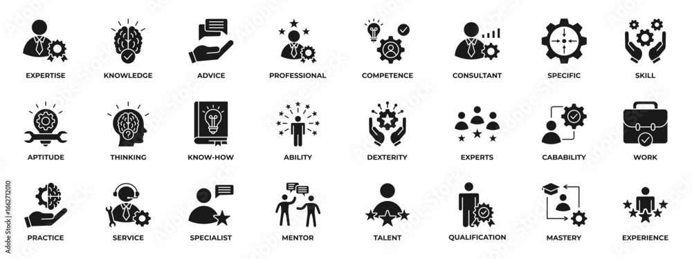 Expert solid icon set. Containing advice, competence, expertise ...