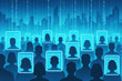 © DailyStock - Crowd of people silhouettes with glowing blue facial recognition frames and binary code cityscape background