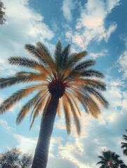 Wall Mural - Tall palm tree reaching towards a partly cloudy sky with sunlight illuminating the fronds creating a warm and serene atmosphere