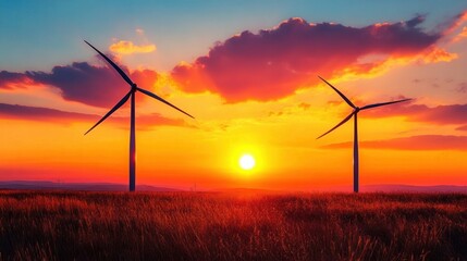 Wall Mural - Two wind turbines standing tall in a golden field during a vibrant orange and yellow sunset with scattered clouds