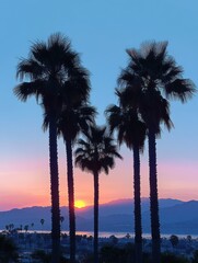 Wall Mural - Tall palm trees silhouetted against a colorful sunset sky over distant mountains and a coastal city
