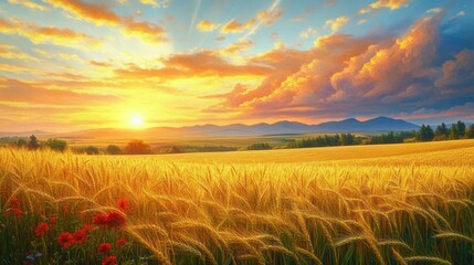Wall Mural - Golden wheat field under a vibrant sunset sky with colorful clouds and distant mountains, evoking a peaceful and warm rural atmosphere