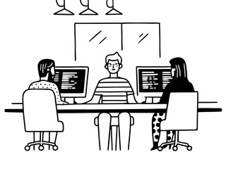 Line art of team coding together at a table, collaborating on computer screens