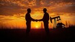 © mobile - Two workers wearing helmets shaking hands in front of an oil pumpjack during a dramatic orange sunset with tall grass in the foreground