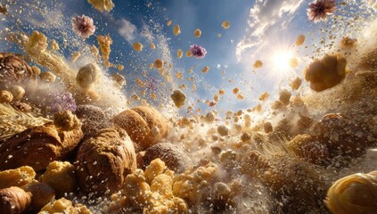 Bread and pastries exploding in mid-air, sunlit, against a blue sky