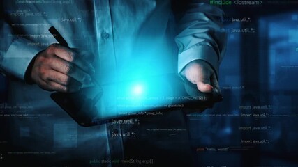 A programmer hands actively interact with a tablet, surrounded by floating code snippets in a dark background, showcasing modern software development and technology innovations. Xenic