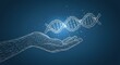 © Shaheen  - Abstract holographic DNA helix held in a digital hand on blue background, symbolizing medical and science concepts in futuristic low-poly wireframe style.