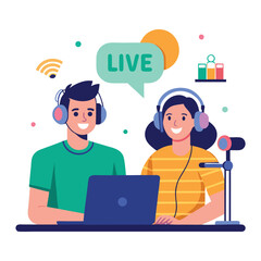 Online live stream with man and woman using laptop and microphone isolated on white background