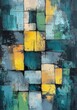 © lucky - Abstract geometric painting with overlapping textured rectangular blocks in shades of yellow, green, teal, beige, and gray creating a dynamic composition