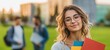 © Ksenia - The confident student holding colorful books smiles on a sunny campus.