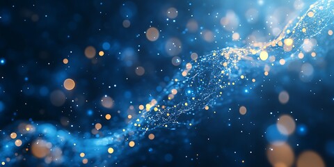 Abstract blue background with glowing particles and bokeh effect creating a dreamy atmosphere