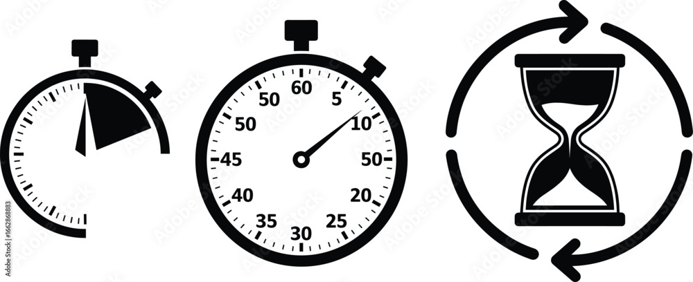 Stopwatch and hourglass icon set featuring interval timing, detailed ...