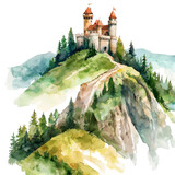 a detailed watercolor painting depicts a majestic castle perched atop a steep, forested hill.